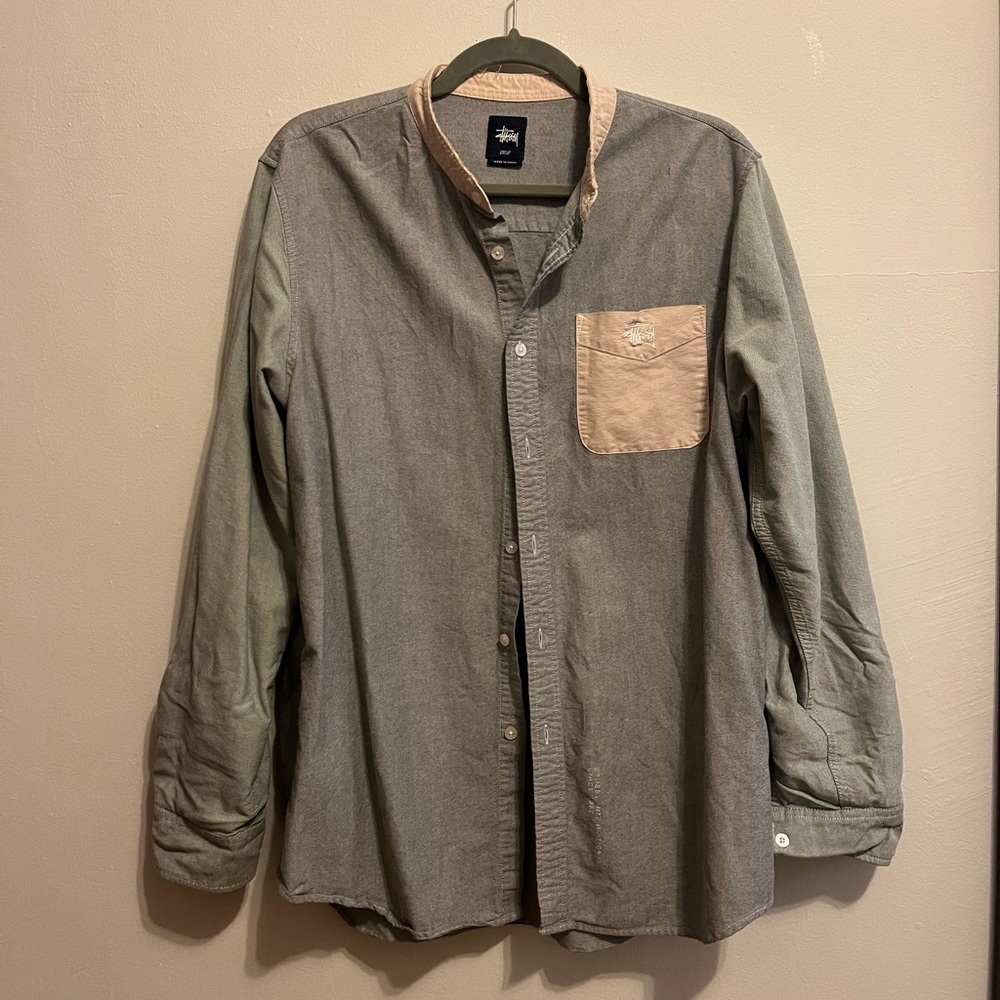 color block linen button up shirt stussy